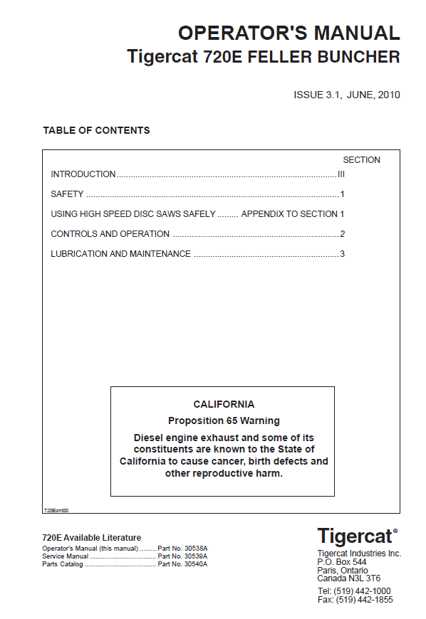 TIGERCAT 720E FELLER BUNCHER OPERATOR MANUAL (7204401 - 7205500)