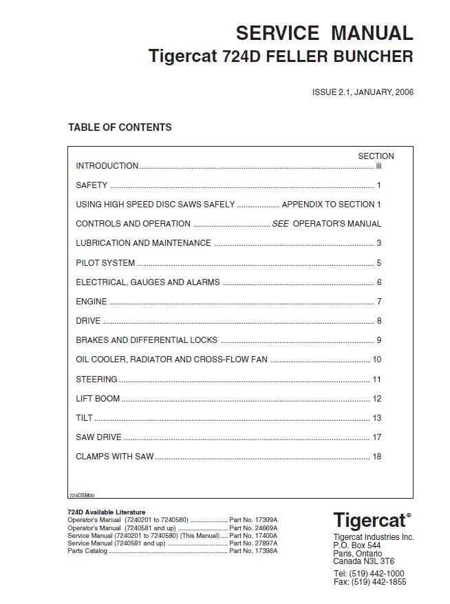 TIGERCAT 724D FELLER BUNCHER SERVICE MANUAL (7240201-7240999, 7240201-7240580)