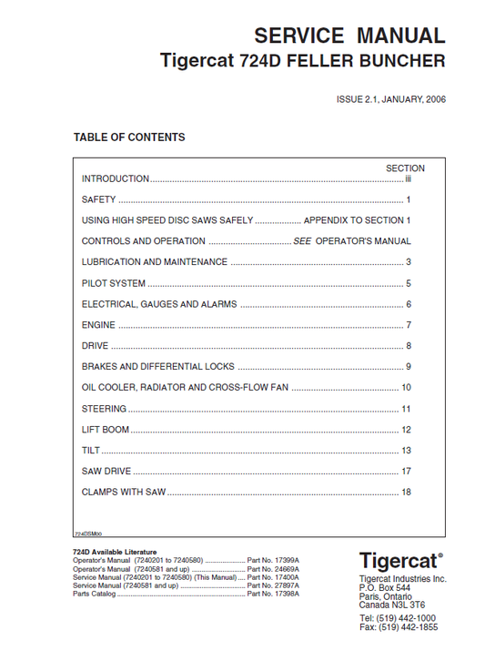 TIGERCAT 724D FELLER BUNCHER SERVICE MANUAL (7240201-7240999, 7240201-7240580)