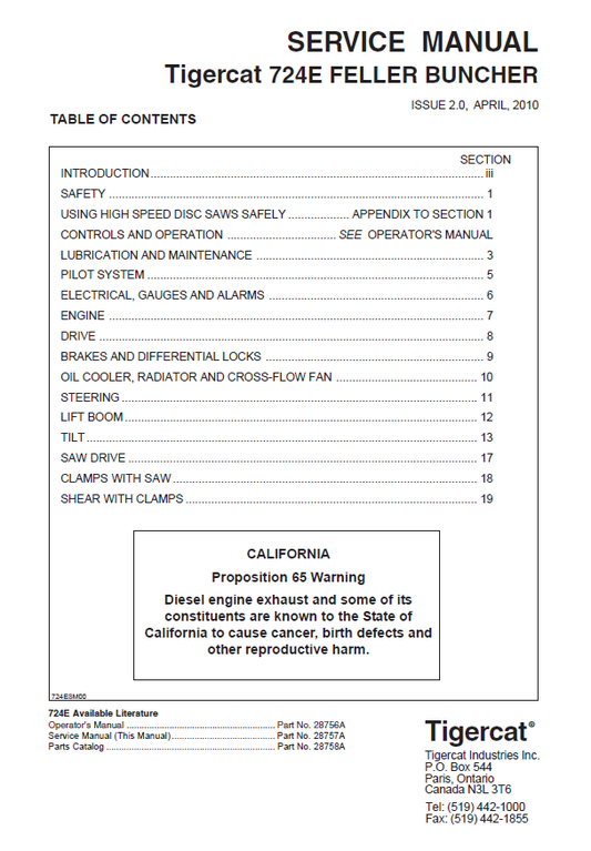 TIGERCAT 724E FELLER BUNCHER SERVICE MANUAL (7241001-7243100, 7241001-7243000)