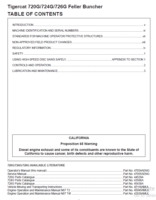 TIGERCAT 724G FELLER BUNCHER OPERATOR MANUAL (7243101-7246000, 7244001-7245000)