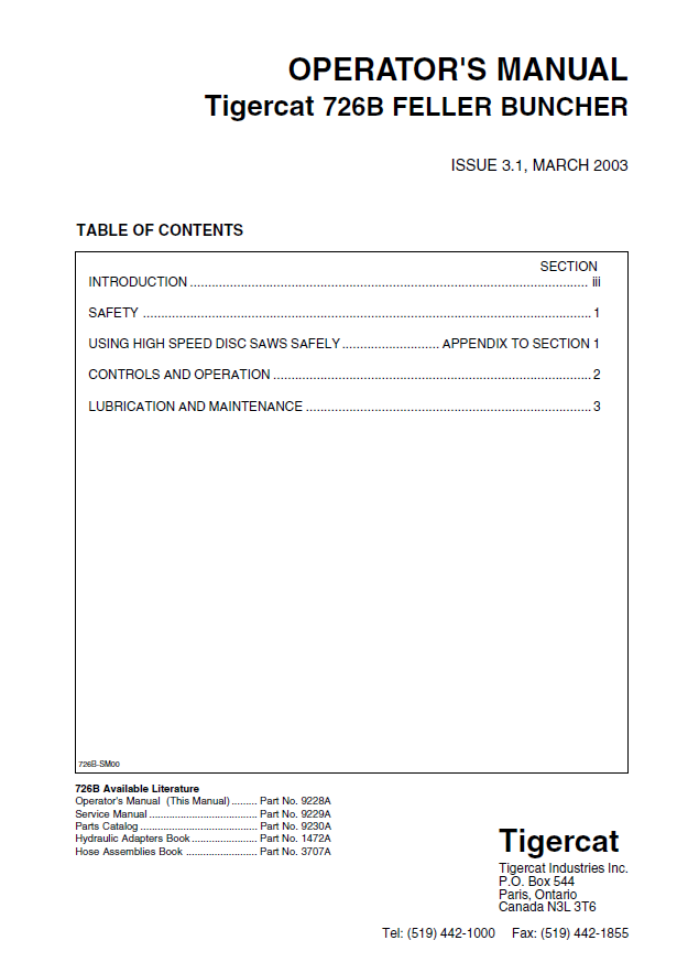 TIGERCAT 726B FELLER BUNCHER OPERATOR MANUAL (7261001-7261999)