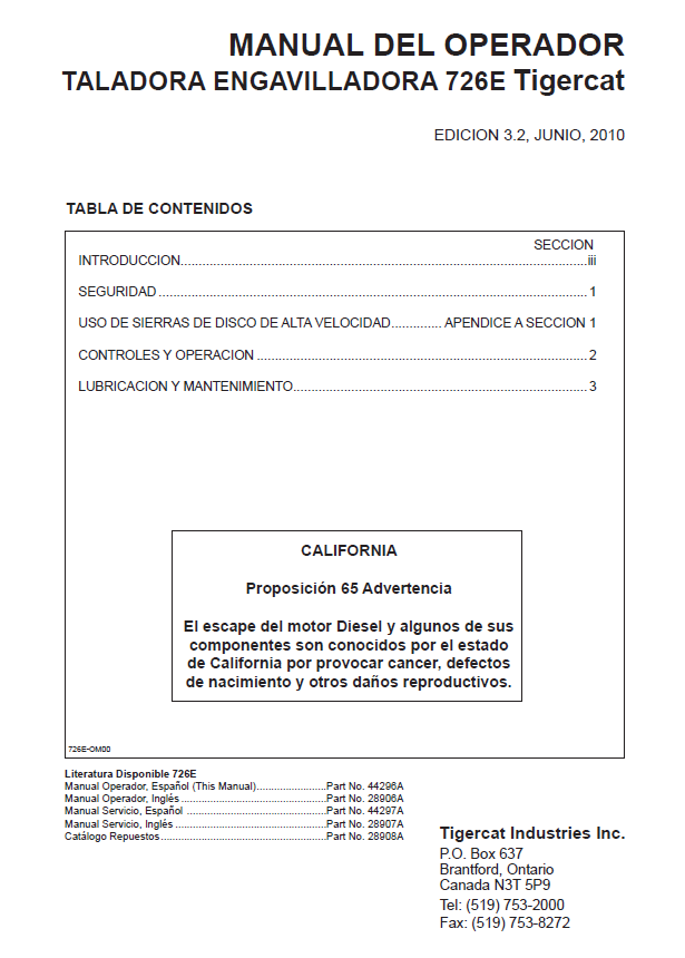 TIGERCAT 726E FELLER BUNCHER OPERATOR MANUAL (7262501-7265000, 7262501-7264000)