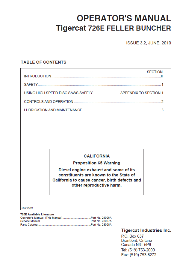 TIGERCAT 726E FELLER BUNCHER OPERATOR MANUAL (7262501-7265000, 7262501-7264000)