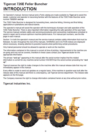 TIGERCAT 726E FELLER BUNCHER SERVICE MANUAL (7262501-7265000, 7262501-7264000) - PDF FILE DOWNLOAD