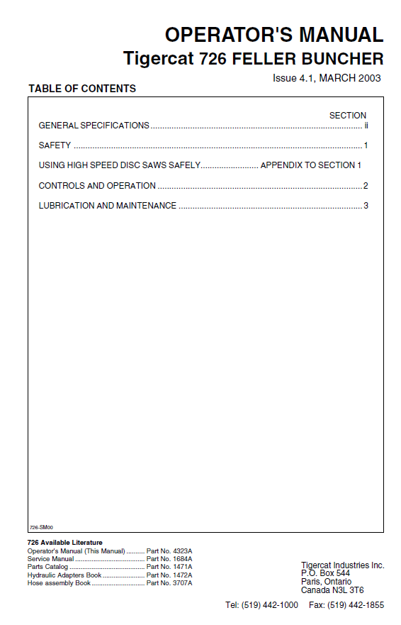 TIGERCAT 726 FELLER BUNCHER OPERATOR MANUAL (7260101-7260999) - PDF FILE DOWNLOAD