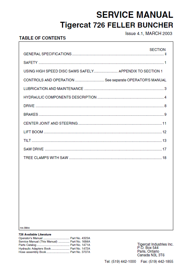 TIGERCAT 726 FELLER BUNCHER SERVICE MANUAL (7260101-7260999)