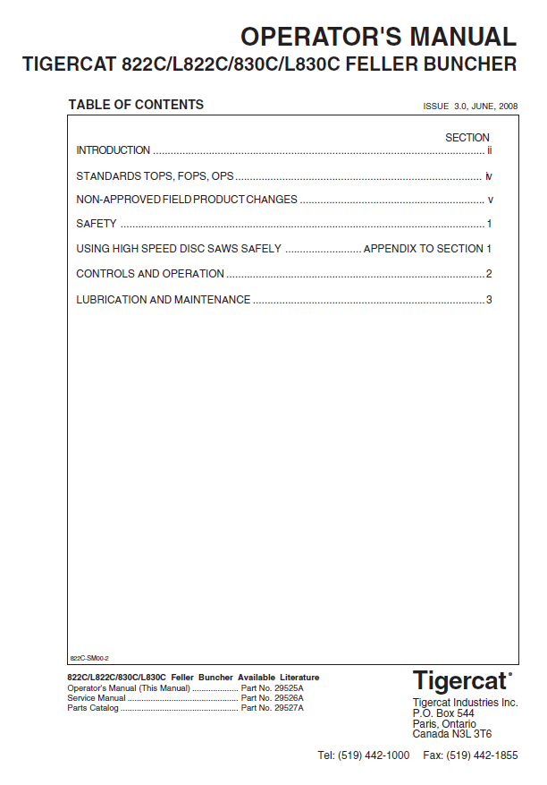 TIGERCAT 822C FELLER BUNCHER OPERATOR MANUAL (82211001-82213000, 82211001-82211999)
