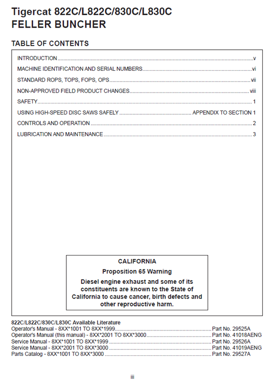 TIGERCAT 822C FELLER BUNCHER OPERATOR MANUAL (82211001-82213000, 82212001-82213000)