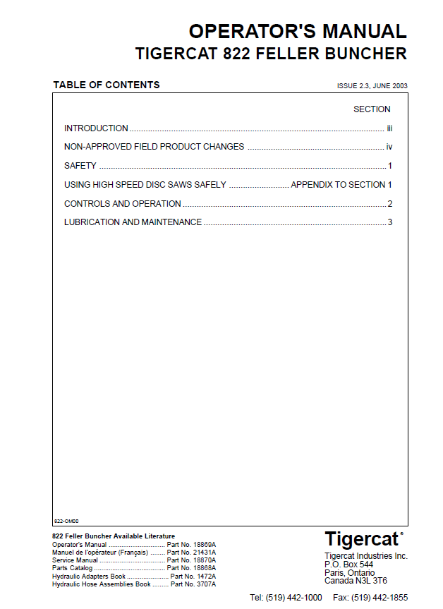TIGERCAT 822 FELLER BUNCHER OPERATOR MANUAL (8220101-82210999, 8220101-822099)
