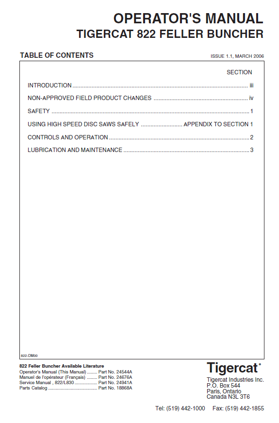 TIGERCAT 822 FELLER BUNCHER OPERATOR MANUAL (8220101-82210999, 822010191-82210999)