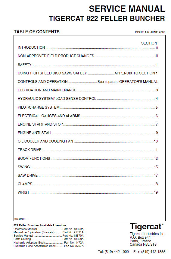 TIGERCAT 822 FELLER BUNCHER SERVICE MANUAL (8220101-82210999, 8220101-8220999)
