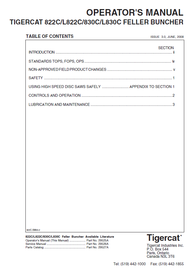 TIGERCAT 830C FELLER BUNCHER OPERATOR MANUAL (83011001-83013000, 83011001-83011999)