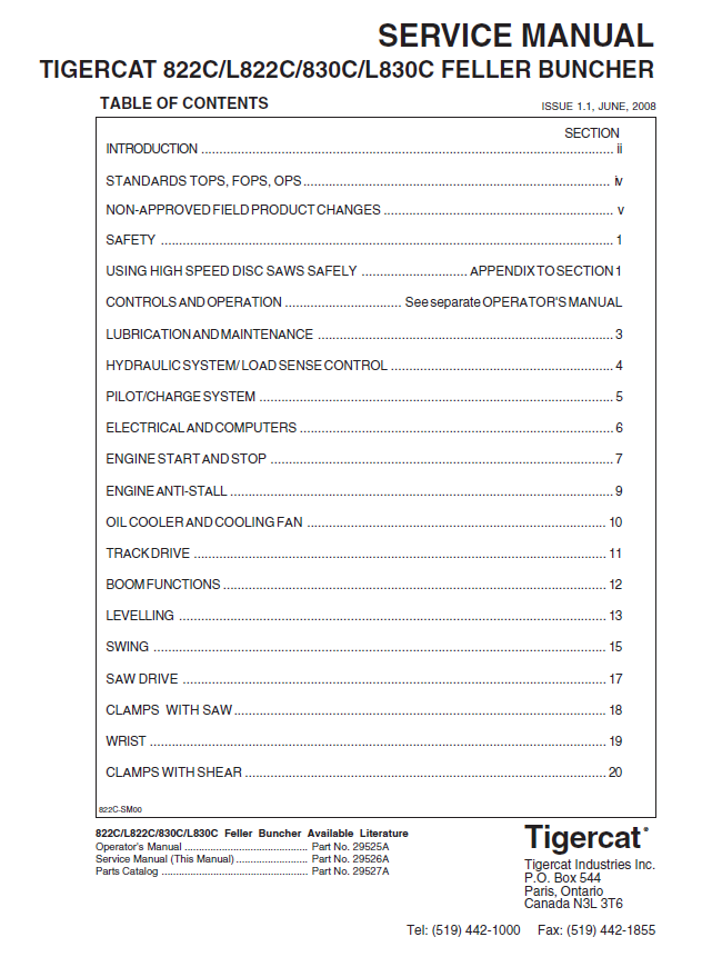 TIGERCAT 830C FELLER BUNCHER SERVICE MANUAL (83011001-83013000, 83011001-83011999)