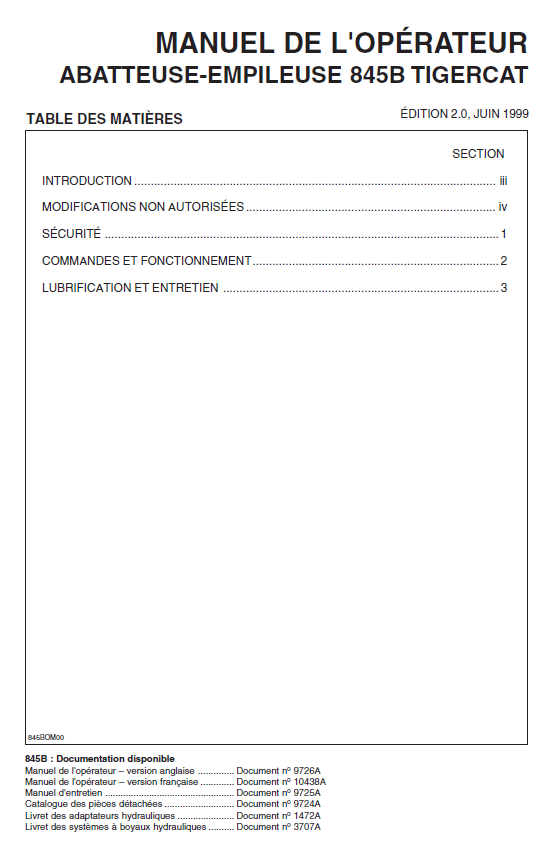 TIGERCAT 845B FELLER BUNCHER OPERATOR MANUAL (8450501-8451499) - PDF FILE DOWNLOAD