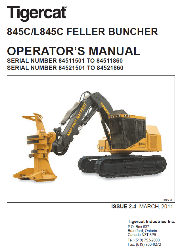 TIGERCAT 845C FELLER BUNCHER OPERATOR MANUAL (84511501-84512500, 84511501-84511860) - PDF FILE DOWNLOAD