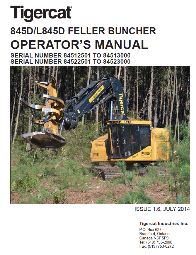 TIGERCAT 845D FELLER BUNCHER OPERATOR MANUAL (84512501-84513000)