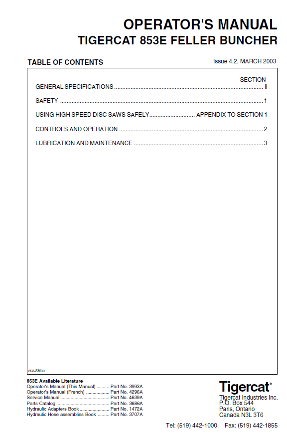 TIGERCAT 853T FELLER BUNCHER OPERATOR MANUAL (853T393-853T499)