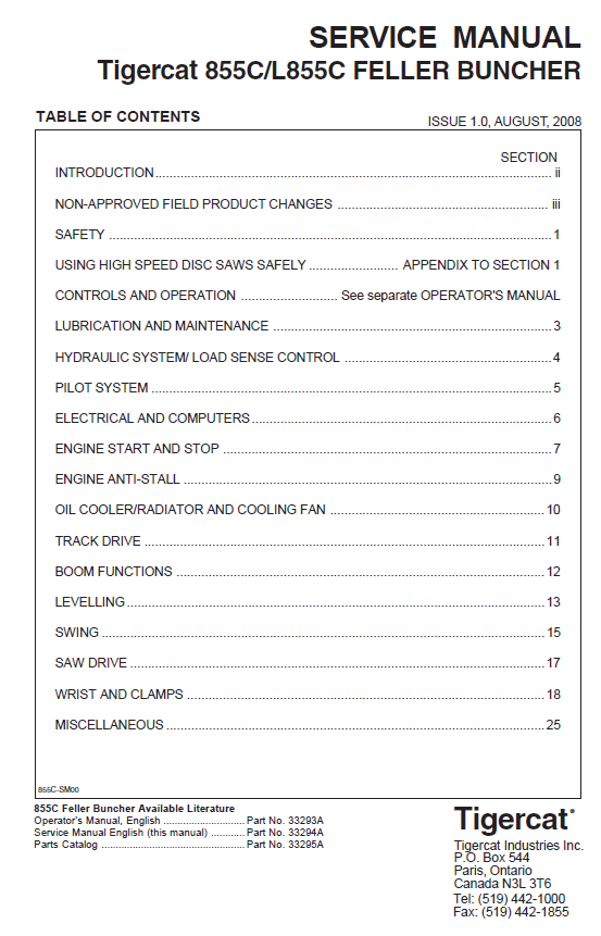TIGERCAT 855C FELLER BUNCHER SERVICE MANUAL (85510101-85512000, 85510101-85511000)