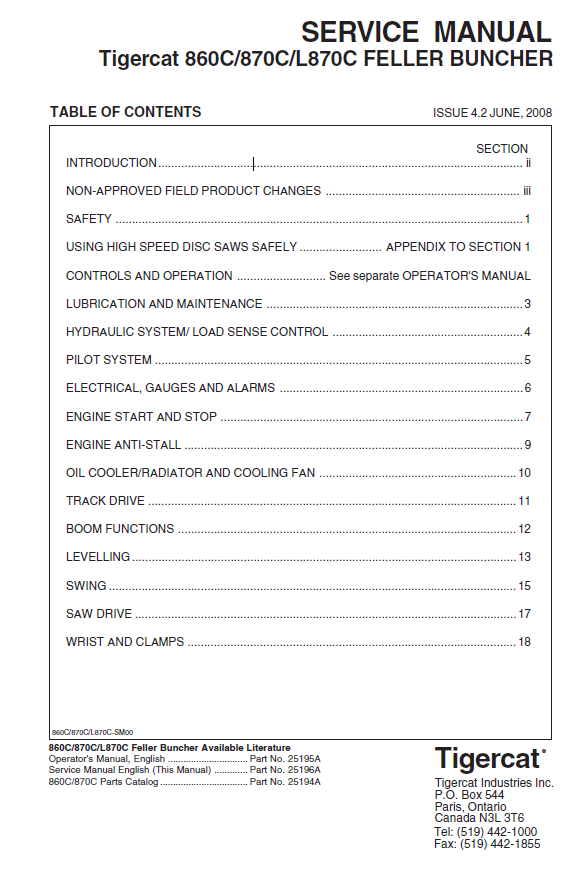 TIGERCAT 860C FELLER BUNCHER SERVICE MANUAL (86011501-86013500, 86011501-86012100)