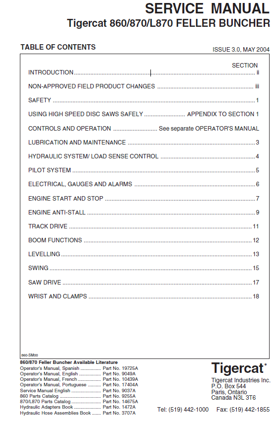 TIGERCAT 860T FELLER BUNCHER SERVICE MANUAL (860T508-860T799)