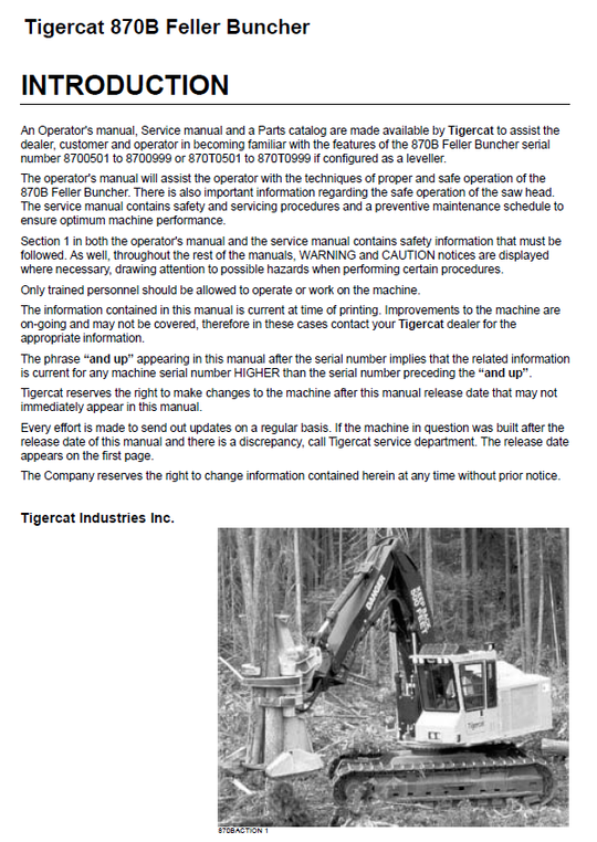 TIGERCAT 870B FELLER BUNCHER SERVICE MANUAL (8700501-8700999) - PDF FILE DOWNLOAD