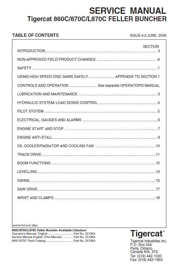 TIGERCAT 870C FELLER BUNCHER SERVICE MANUAL (87011501-87013500, 87011501-87012100) - PDF FILE DOWNLOAD
