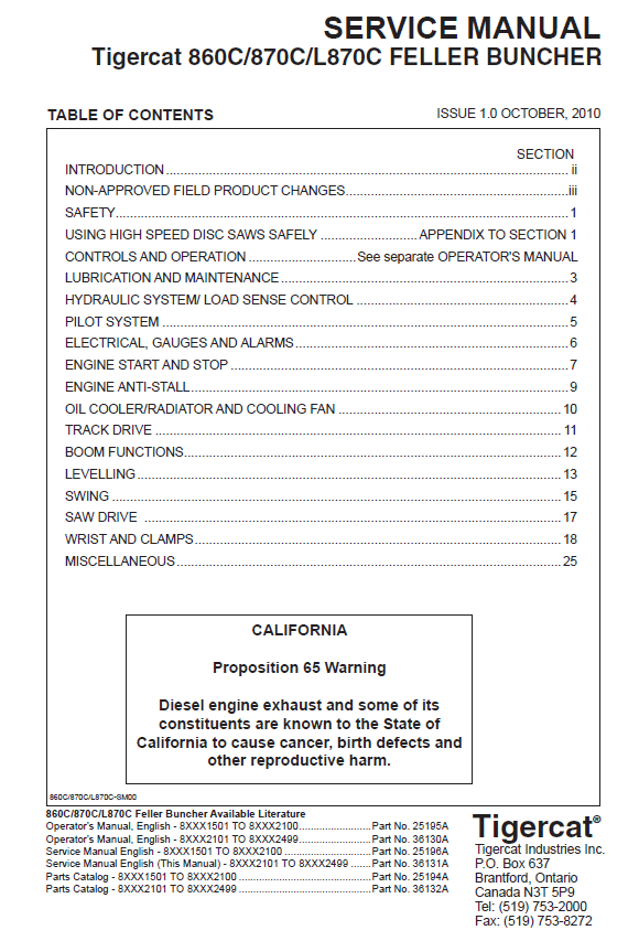 TIGERCAT 870C FELLER BUNCHER SERVICE MANUAL (87011501-87013500, 87012101-87012499)