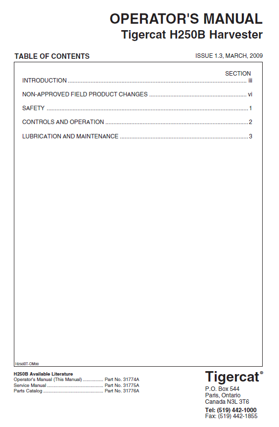 TIGERCAT H250B HARVESTER OPERATOR/USER MANUAL