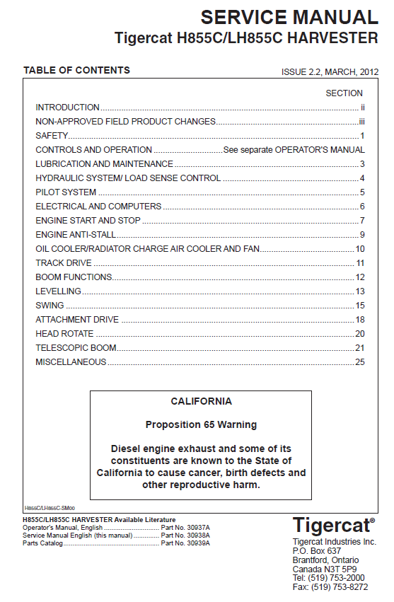 TIGERCAT H855C HARVESTER SERVICE REPAIR MANUAL (85530101-85532000, 85530101-85531000)