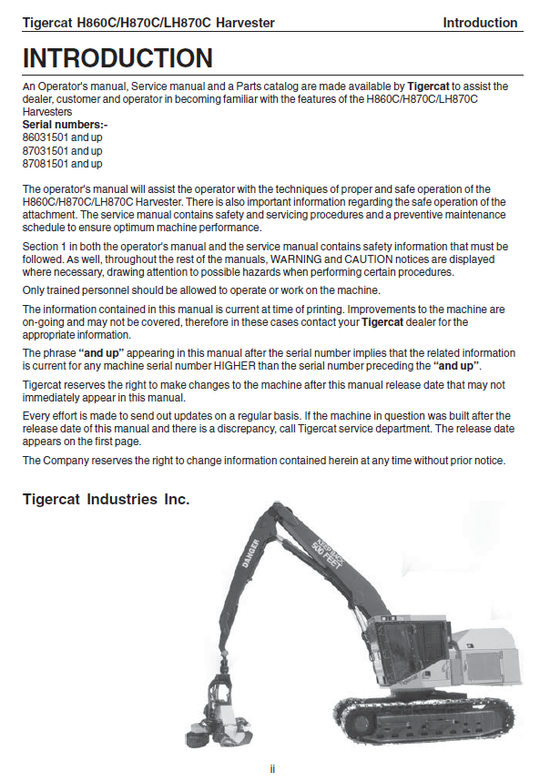 TIGERCAT H860C HARVESTER SERVICE REPAIR MANUAL (86031501-86032499)