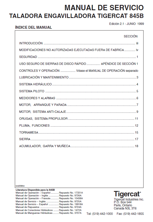 TIGERCAT L845B FELLER BUNCHER SERVICE MANUAL (845T0501-845T1499)