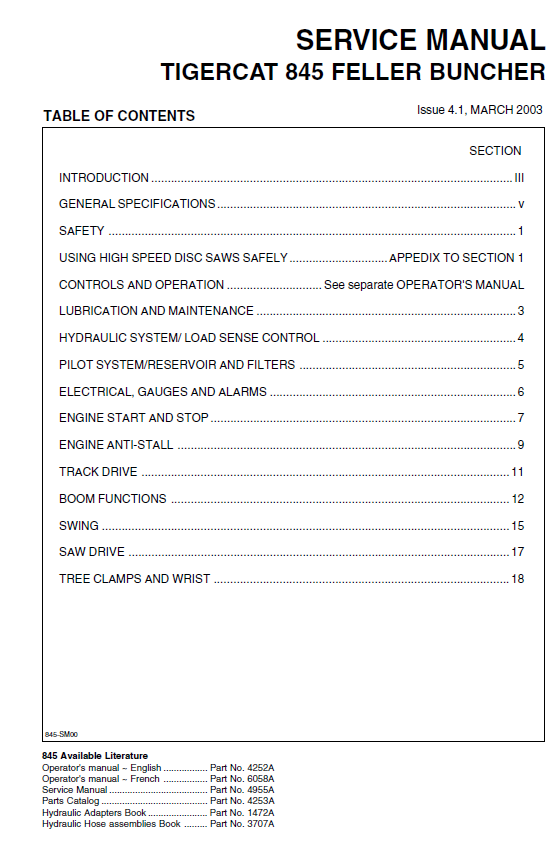 TIGERCAT L845 FELLER BUNCHER SERVICE MANUAL (845T475-845T500)