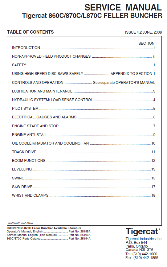 TIGERCAT L870C FELLER BUNCHER SERVICE MANUAL (87021501-87023500, 87021501-87022100)