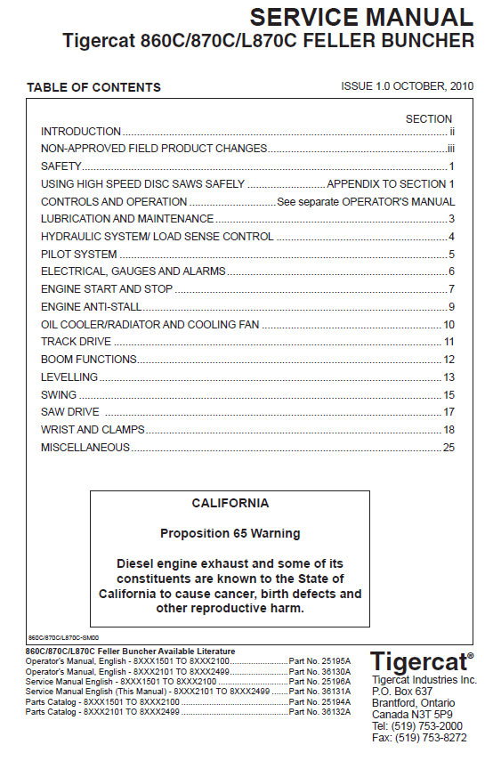 TIGERCAT L870C FELLER BUNCHER SERVICE MANUAL (87021501-87023500, 87022101-87022499)