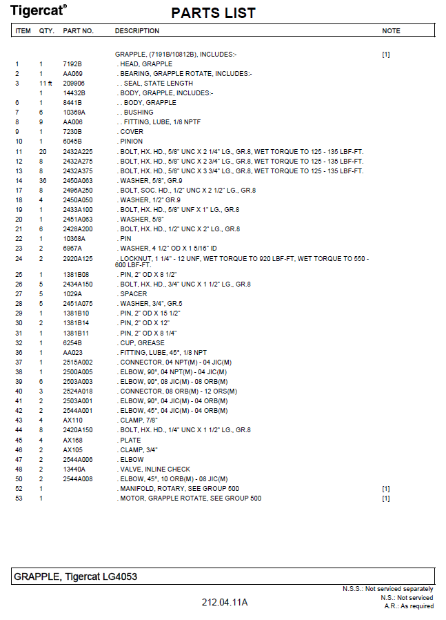 TIGERCAT LG4053HP LOADER GRAPPLE PARTS CATALOGUE MANUAL (LG4053HP0101 )