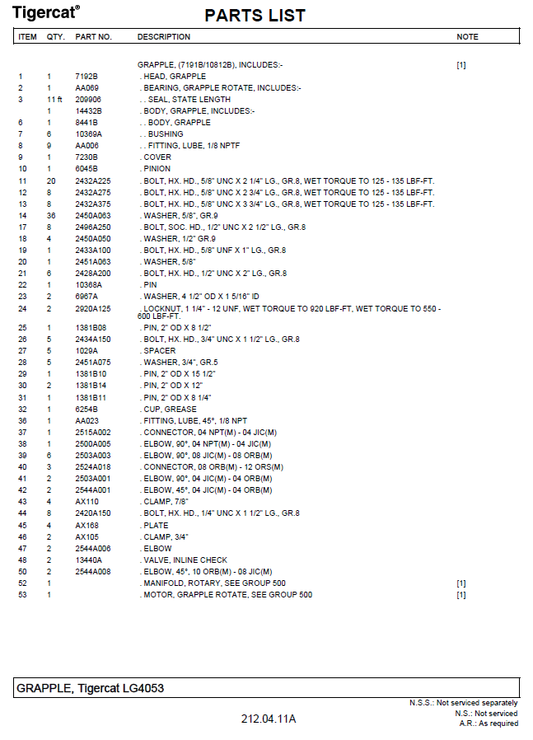 TIGERCAT LG4053HP LOADER GRAPPLE PARTS CATALOGUE MANUAL (LG4053HP0101 )