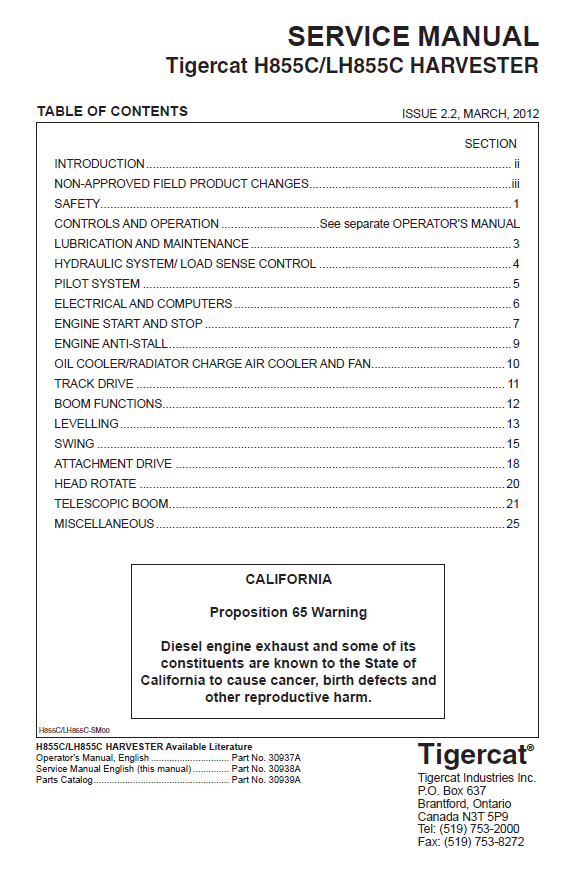 TIGERCAT LH855C HARVESTER SERVICE REPAIR MANUAL (85580101-85582000, 85580101-85581000)
