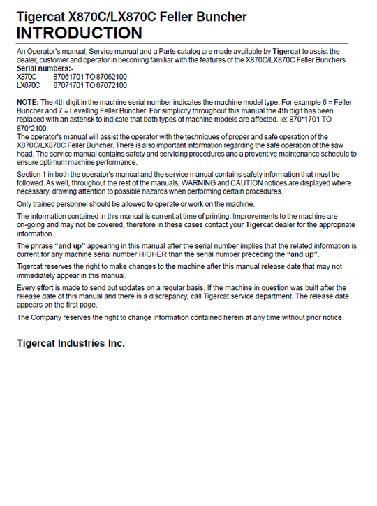 TIGERCAT LX870C FELLER BUNCHER SERVICE REPAIR MANUAL (87071701-87073500, 87071701-87072100) - PDF FILE DOWNLOAD