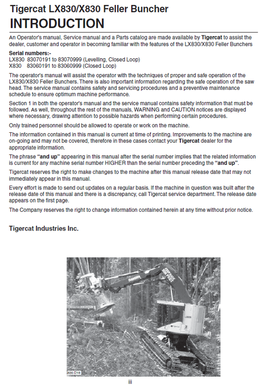 TIGERCAT X830 FELLER BUNCHER SERVICE REPAIR MANUAL (83060191-83060999) - PDF FILE DOWNLOAD