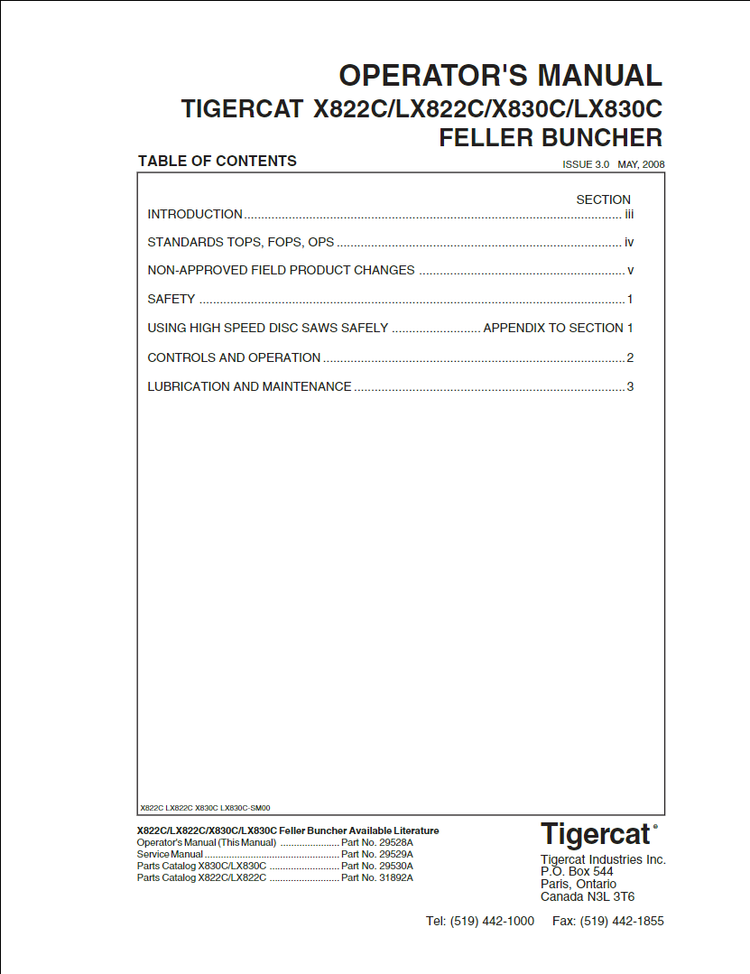 Tigercat X822C, LX822C, X830C, LX830C Feller Buncher Operator's Manual
