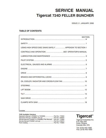 Tigercat 724E Feller Buncher 7240201 – 7240999 Operator & Service