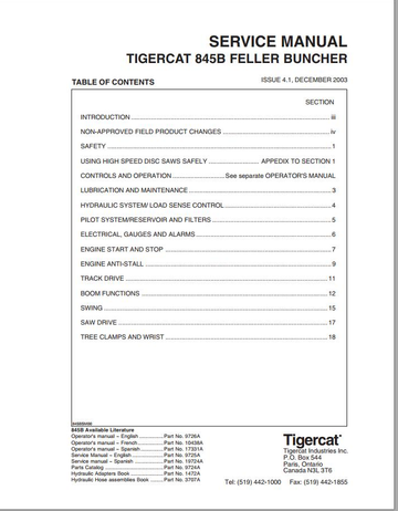 Tigercat 845B Feller Buncher 8450501 – 8451499 Operator & Service