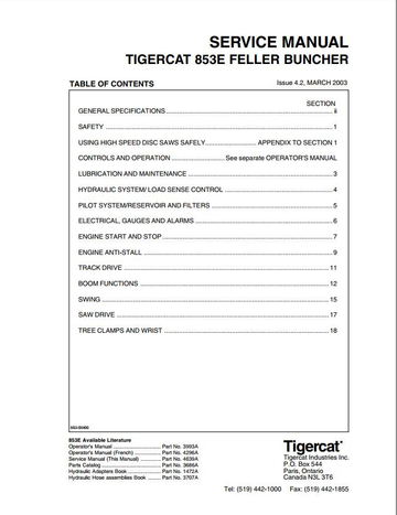 Tigercat 853E Feller Buncher (853T393 – 853T499) Operator & Service