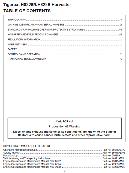 TIGERCAT H822E HARVESTER OPERATOR'S/USER MANUAL