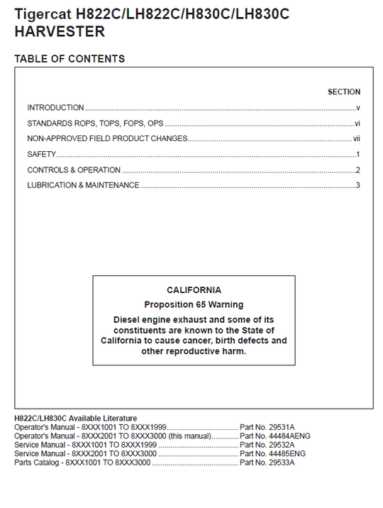 TIGERCAT H830C HARVESTER OPERATOR/USER MANUAL