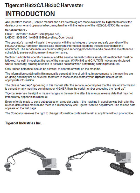 TIGERCAT H822C HARVESTER OPERATOR/USER MANUAL