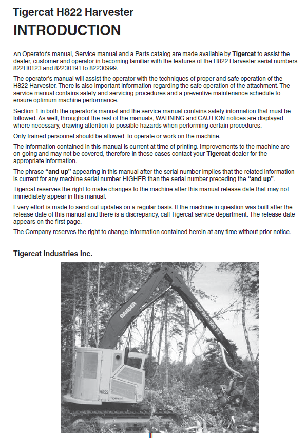 TIGERCAT H822 HARVESTER OPERATOR/USER MANUAL