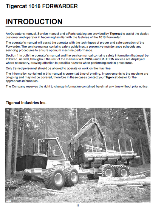 TIGERCAT 1018 FORWARDER OPERATOR/USER MANUAL (10180101-10180499)