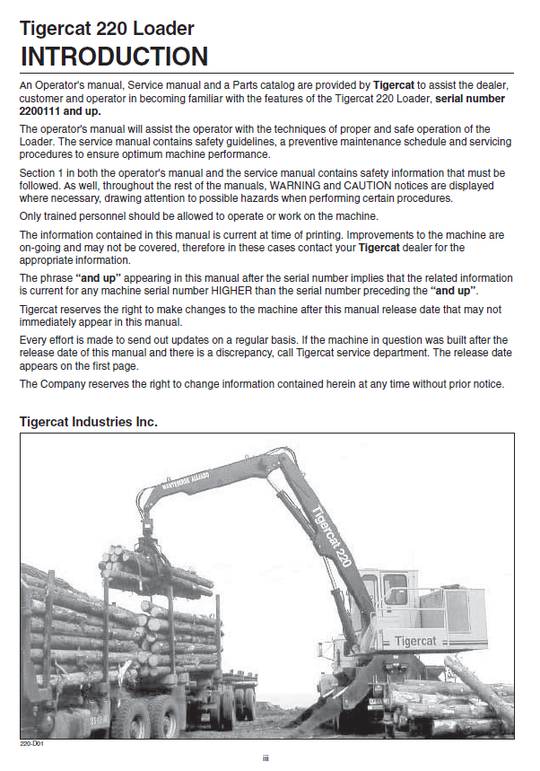 TIGERCAT 220 LOADER OPERATOR/USER MANUAL (2200111-2200500)